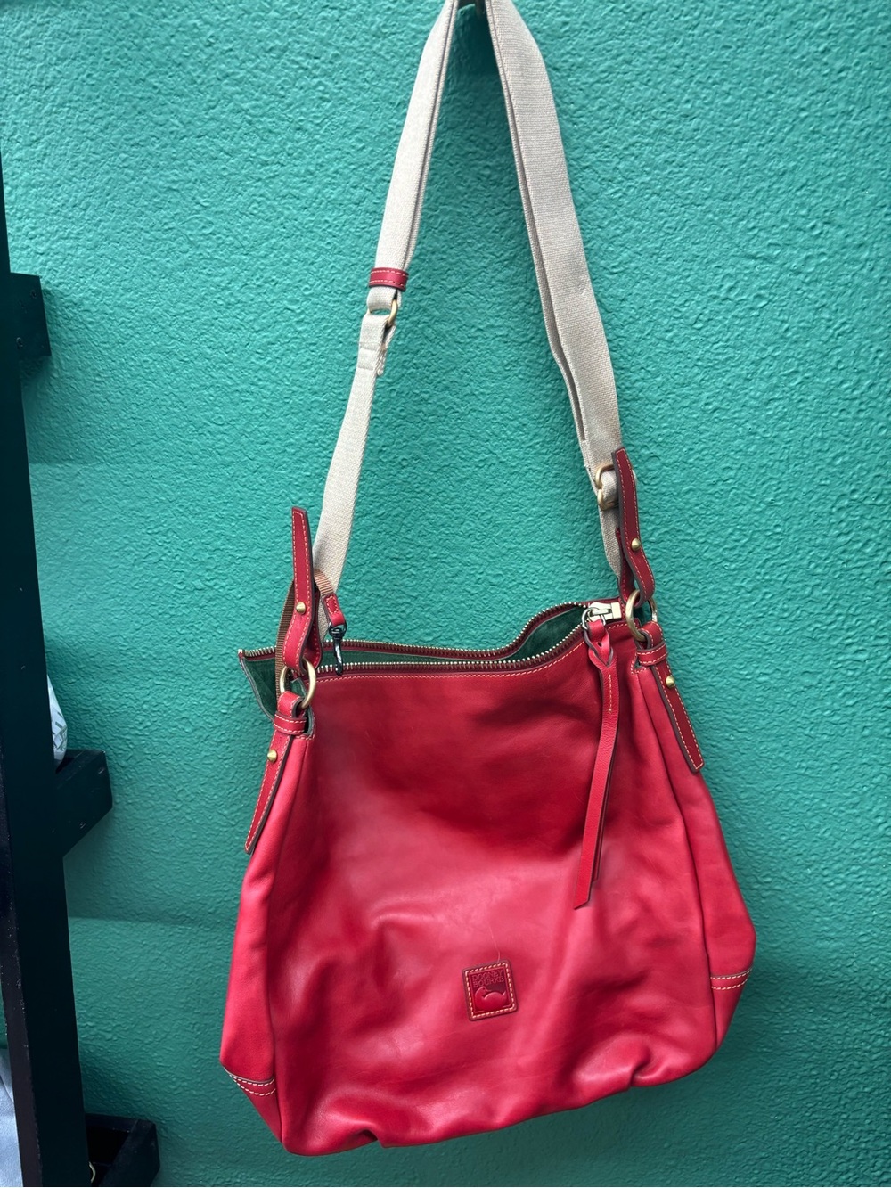 Dooney & Bourke Red Leather Shoulder Bag with Beige Strap